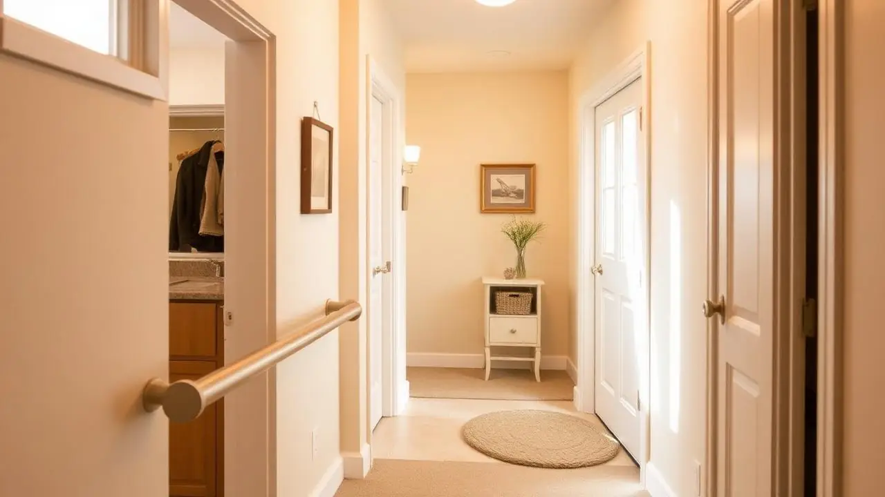 A bright home hallway with a grab bar, good lighting and a non-slip rug
