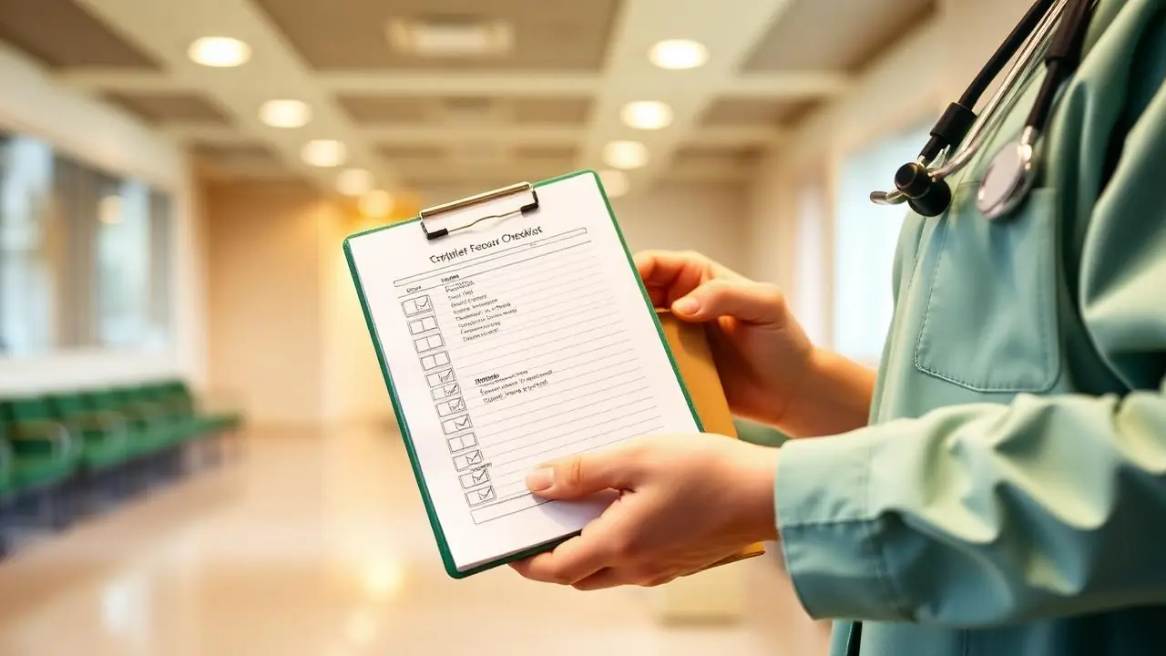 Hands holding a printed checklist in a bright clinic waiting area
