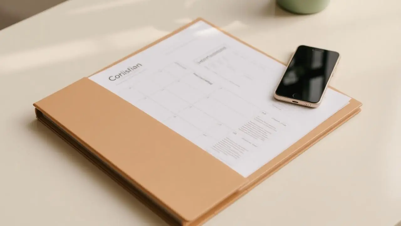 An organized folder of documents with a pen and phone on a cream table