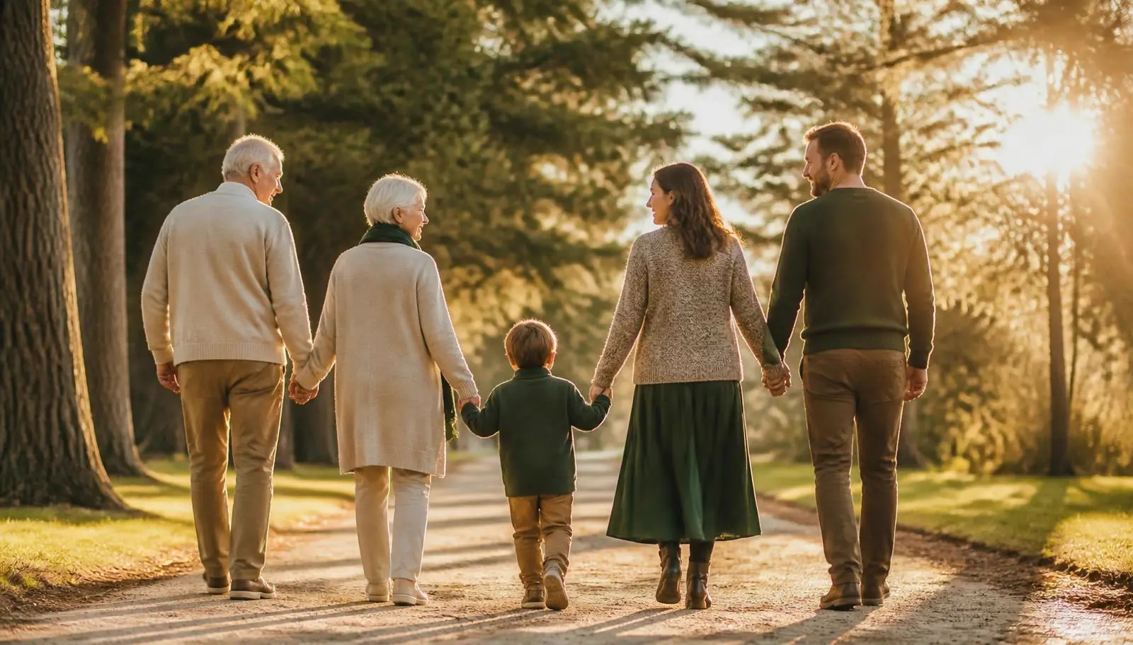 A multigenerational family walking together along a tree-lined path at golden hour.