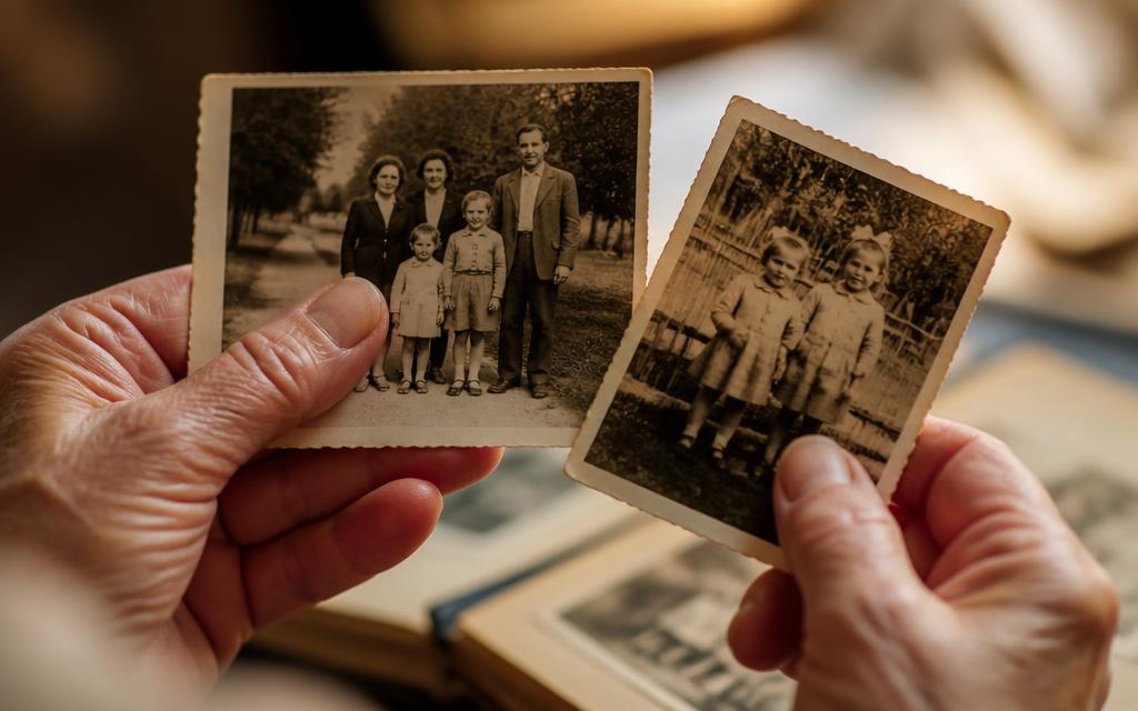 Older hands holding two vintage family photographs above an open photo album