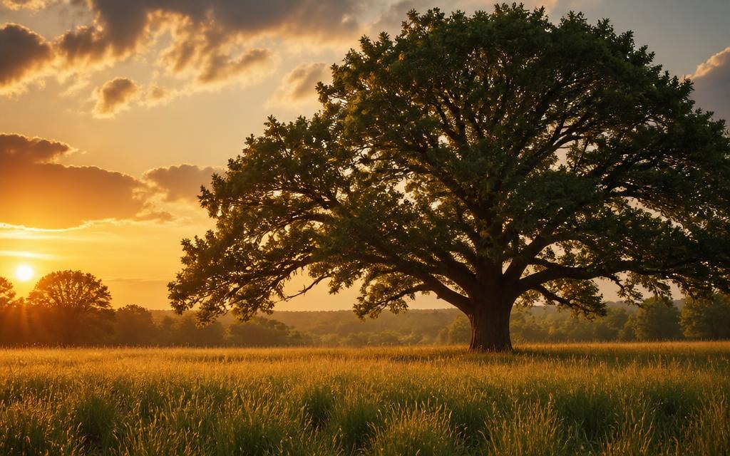 A large oak tree standing in a meadow at golden sunset