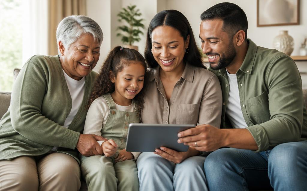Three generations of a family sitting together on a sofa, smiling at memories on a tablet