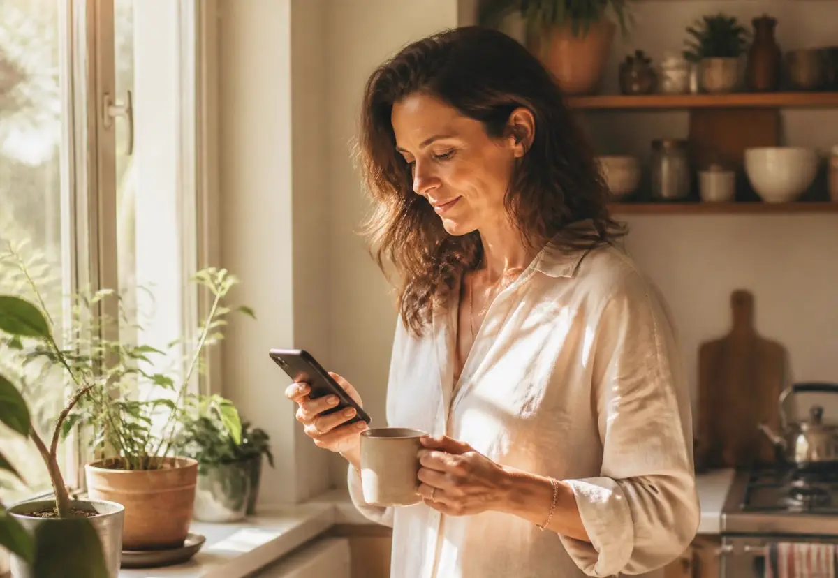 An adult daughter standing by a sunlit kitchen window, calmly looking at her phone.