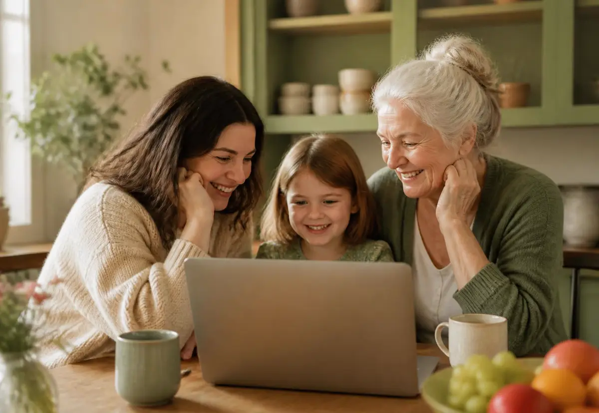 Three generations of a family looking together at a laptop around the kitchen table.