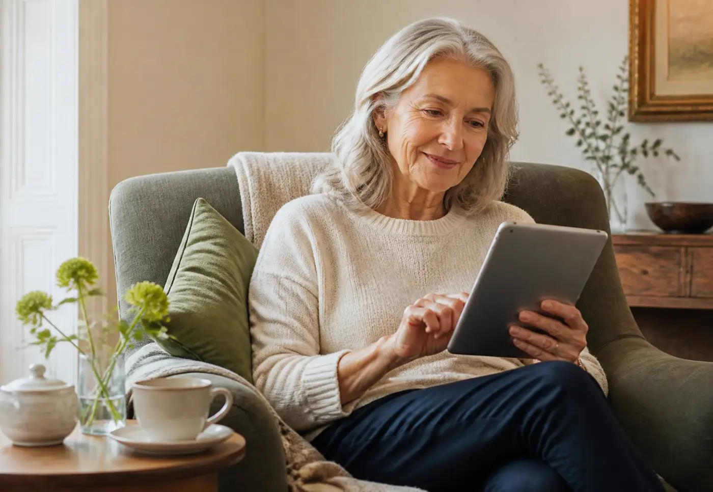 An older woman sitting comfortably in an armchair at home, using a tablet.