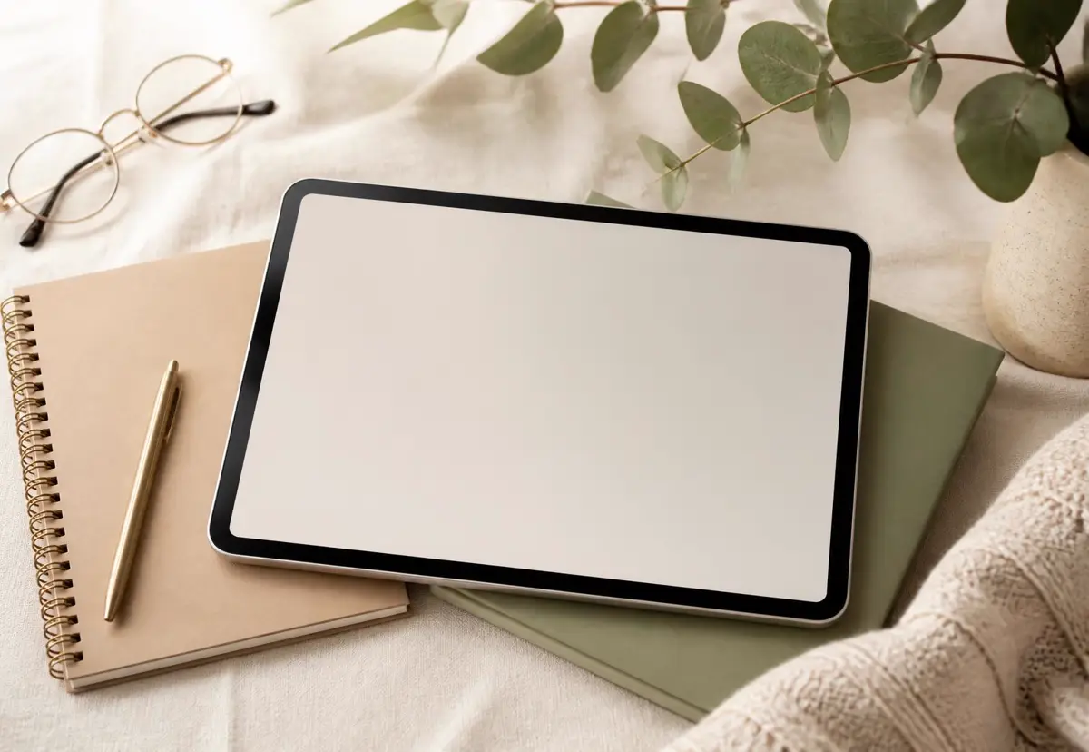 A tablet resting on cream linen beside a notebook, pen and reading glasses.