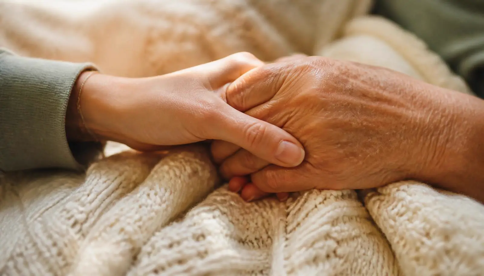 A grandmother holding her grandchild's hands in warm natural light.