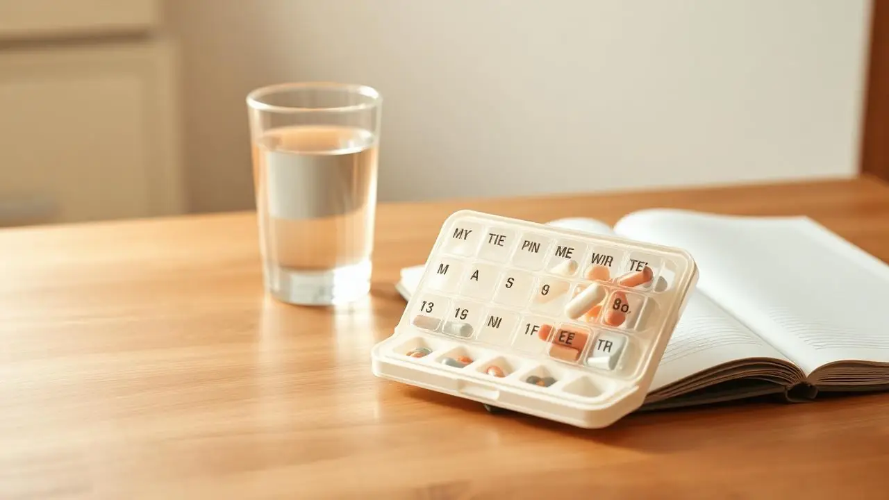 A weekly pill organizer and glass of water on a sunlit kitchen table