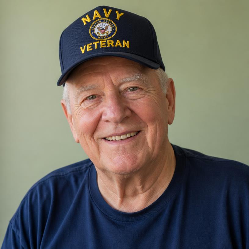 Sample portrait of an older smiling U.S. Navy veteran wearing a navy veteran cap.