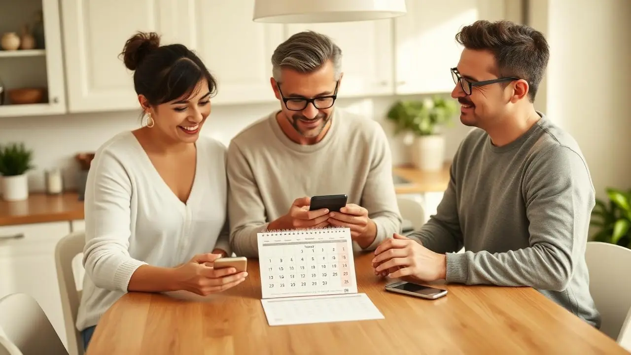 Three adult family members coordinating a calendar at a kitchen table