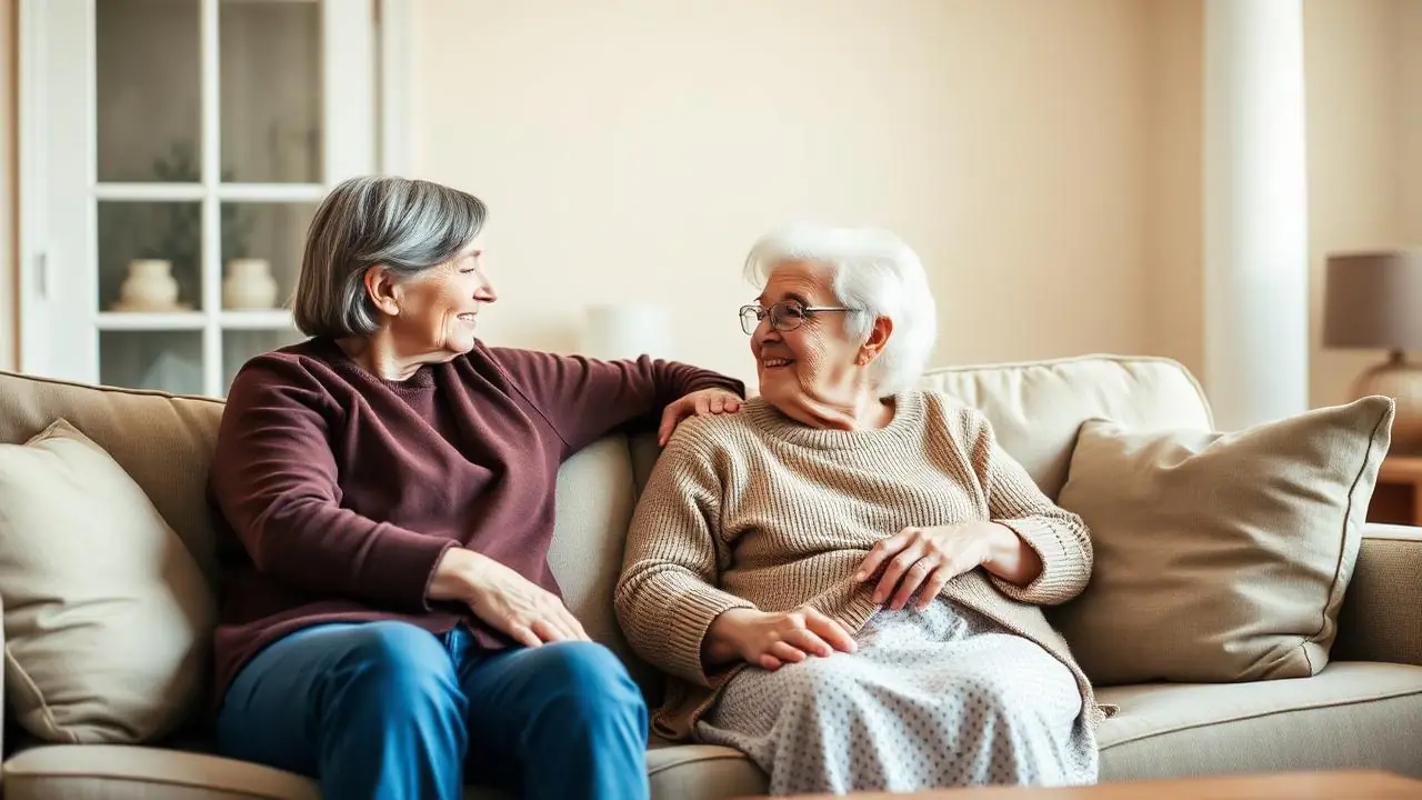 An adult daughter talking with her elderly mother on a sofa at home